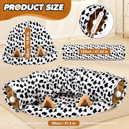 Spardar 2-in-1 Bunny Tunnel Bed, with Removable Mat Hideout, Cow | Collapsible Tunnel Tubes Toys, Washable, Interactive Toys for Rabbits, Chinchilla, Hedgehog, Guinea, Kitty - color: Cow