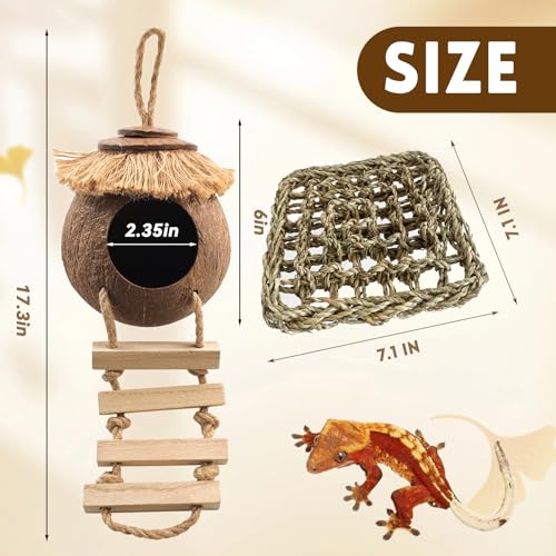 Gecko Coconut Hideout with Ladder,Reptile Hammock Plants Vines Jungle Terrarium Decor Tank Accessories for Crested Geckos,Leopard Geckos,Lizard,Snakes,Tree Frogs - style: 【Style D】