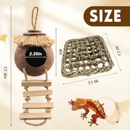Gecko Coconut Hideout with Ladder,Reptile Hammock Plants Vines Jungle Terrarium Decor Tank Accessories for Crested Geckos,Leopard Geckos,Lizard,Snakes,Tree Frogs - style: 【Style D】