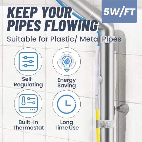 15ft Upgraded Dual Lights Heat Tape for Pipes with Thermostat | Power-Heating Dual Status, Self Regulating Heat Trace, Water Line Heating Cable for Metal & Plastic Pipes, 5W/ft - style: 15-feet