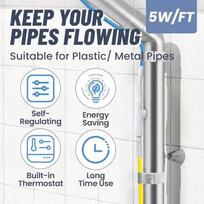 35ft Upgraded Dual Lights Heat Tape for Pipes with Thermostat | Power-Heating Dual Status, Self Regulating Heat Trace, Water Line Heating Cable for Metal & Plastic Pipes, 5W/ft - style: 35-feet