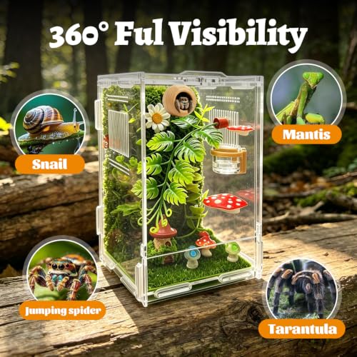 Jumping Spider Enclosure Starter Kit, Small Reptile Terrarium Accessories Set, All-in-One Reptile Tank with Magnetic Plant Holder, Hide, Water Dispenser, Decorations, 4.7"x4.7"x7.8" Fairy Tale Theme