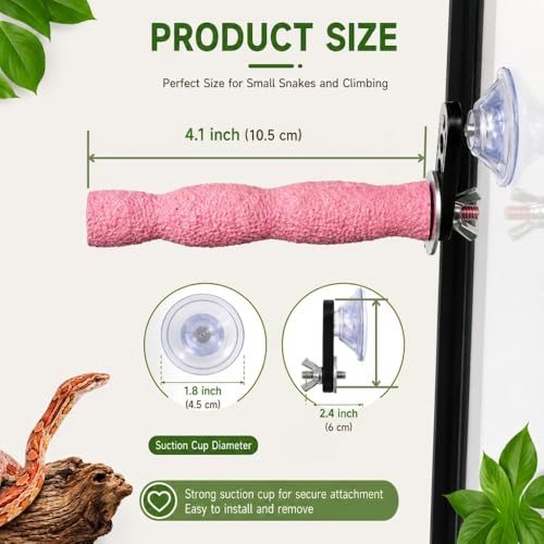 Pink Resin Snake Climbing Branch, 4.1" Gourd-Shaped Reptile Ledge with Strong Suction Cup, Easy to Clean Terrarium Accessories for Corn Snakes and Small Reptiles (3.7 oz)