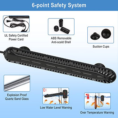 HiTauing Aquarium Heater, 100W Fish Tank Heater with LED Digital Display & 5 Safety Protection, Submersible Aquarium Heater with 2 Suction Cup and 5.9Ft Cord for 10-20 Gallon Fish Tank. - size: 100 Watt Aquarium Heater