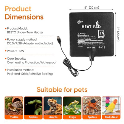Besto 2 Pack Reptile Heat Pad, USB Powered Under Tank Terrarium Heating Mat (4"x7" 4W + 6"x8" 8W) Waterproof Reptile Heater for Turtle, Lizard, Hermit Crab, Frog, Snake, Small Mammals