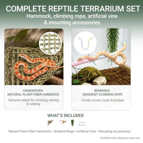 Reptile Hammock and Climbing Set for Gecko, Lizard and Small Snake | 15-Piece Set,Natural Handwoven Hammock,Gradient Climbing Rope,Flexible Habitat Setup,For Snakes and Geckos