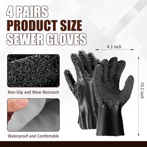 Teenyyou 4 Pairs Sewer Snake Gloves Non Slip and Reusable PVC Sewer Abrasion Resistant Drain Cleaning Waterproof Safety Plumbing Snake Gloves for Men Women Plumber Tools (Black,Regular) - color: Black, size: Standard