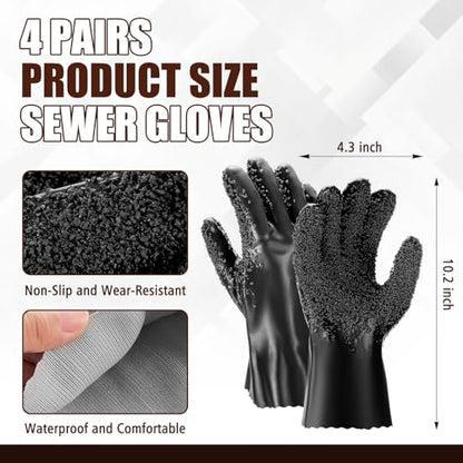 Teenyyou 4 Pairs Sewer Snake Gloves Non Slip and Reusable PVC Sewer Abrasion Resistant Drain Cleaning Waterproof Safety Plumbing Snake Gloves for Men Women Plumber Tools (Black,Regular) - color: Black, size: Standard