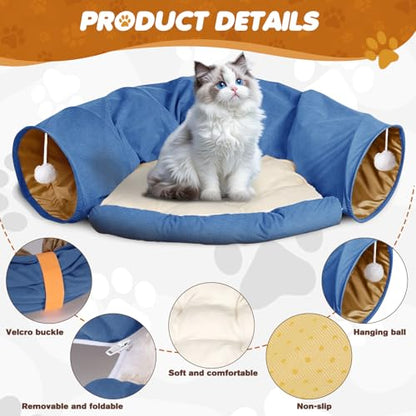 Spardar 2-in-1 Bunny Tunnel Bed, with Removable Mat Hideout, Blue | Collapsible Tunnel Tubes Toys, Washable, Interactive Toys for Rabbits, Chinchilla, Hedgehog, Guinea, Kitty - color: Blue