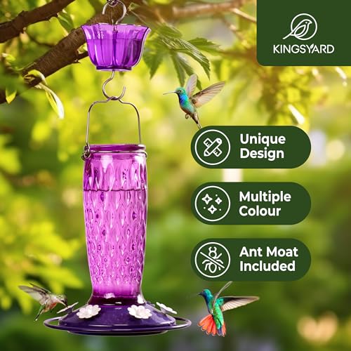 Kingsyard Glass Hummingbird Feeder for Outdoors with Ant Moat | 24 oz, Wide-Mouth Opening, 6 Metal Feeding Ports, Bee Guard, Easy to Clean & Refill Nectar, 360 Degree Perch, Purple - color: Purple