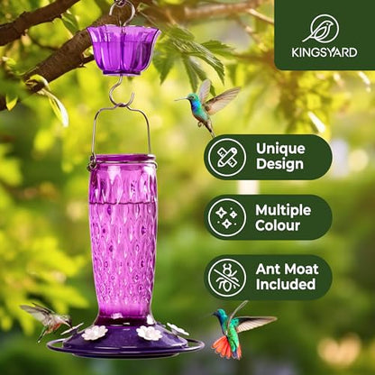 Kingsyard Glass Hummingbird Feeder for Outdoors with Ant Moat | 24 oz, Wide-Mouth Opening, 6 Metal Feeding Ports, Bee Guard, Easy to Clean & Refill Nectar, 360 Degree Perch, Purple - color: Purple