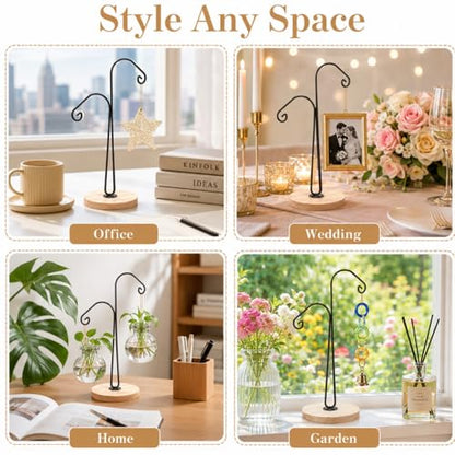 WRINGKIT 4 Pack Ornament Display Hanger Stand, Wood Base, Double Hook-Style | Sturdy Ornament Holder, Metal Air Plant Flower Pot Hanging Terrarium Stand for Christmas Halloween Decoration, Glass Globe