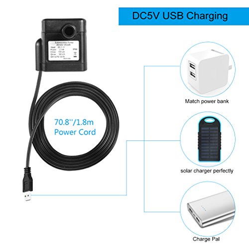 LEDGLE Mini USB Fountain Pump Compact Submersible Pumps Efficient 5V Water Pump for Small Pond, Fish Tank, Long Cord, 180L/H, Black - style: 180L/H