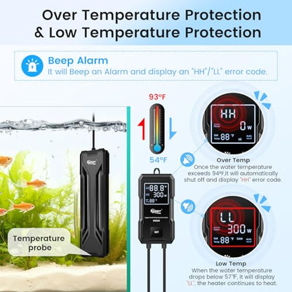 hygger 300W Aquarium Heater, Upgraded Submersible Fish Tank Heater | Dual Protection System & LED Digital Display, Automatic Power-Off Function, for 40-80 Gallons Freshwater and Saltwater Tank - size: Black-300W for 40-80 Gallon