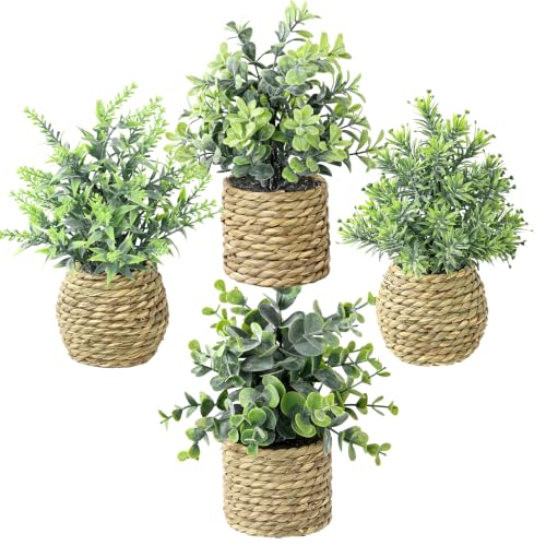Small Fake Plants, 4 Pack Artificial Plants in Handwoven Seagrass Baskets | Natural Woven Texture, 4 Unique Plant Designs, Shelf, Desk & Table Decor, Realistic Faux Greenery, Farmhouse & Boho Decor