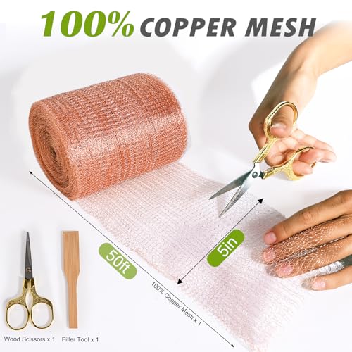 5" x 50 ft Copper Mesh Rodent Control Copper Wool for Slug Mice Snail Pest | Copper Mesh for Mice Pest Snail Bat Control Copper Steel Wool for Weep Hole Covers Blocks Gap Rodent Mesh Scissors Included - size: 5 inx50 ft
