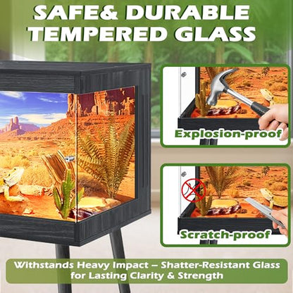 Royxen Bearded Dragon Tank, 82 Gallon Reptile Tank with Leg Stand,Built-in Lighting Reptile Enclosure, Tempered Glass Bearded Dragon Encloure for Chameleon (Black,48"x 20"x 20") - color: Black, size: 82 Gallons,48"x20"x20"