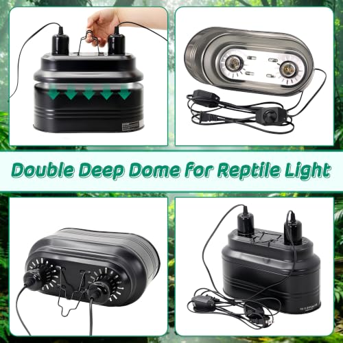 Dual Reptile Deep Dome Lamp Fixture with Independent Switches | Temperature Adjustment,Dual Deep Cap Combo,UVB & Basking Bulb Holder for Bearded Dragons,Turtles,Snakes & Lizards