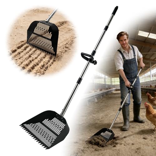 13.5" Wide Chicken Poop Scooper, 2-in-1 Chicken Poop Scoop Rake, Large Capacity Stainless Steel Scoop, Adjustable Handle, for Chicken Coop, Farm & Pet Waste Cleanup - color: 13.5" Wide, size: 13.5" Wide
