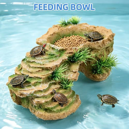 Turtle Docks for Basking Reptile Rock Cave Hideout | 2 In 1 Basking Platform And Hide Cave With Fake Grass On 4 Sides Wide Textured Ramp Durable Resin Light Brown Yellow - color: Light Brown Yellow