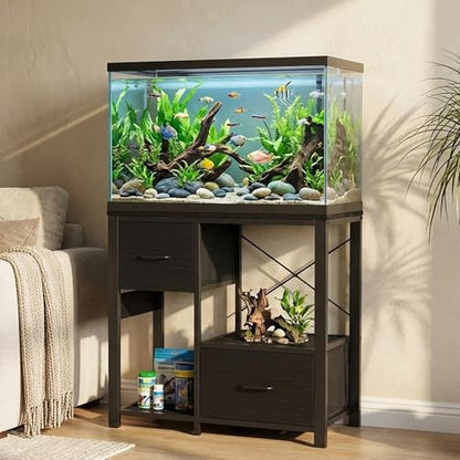 IDEALHOUSE 20-37 Gallon Fish Tank Stand, 80cm Industrial Metal Aquarium Stand with 2 Drawers, Heavy Duty Reptile Tank Stand with Storage Shelves, Black Finish