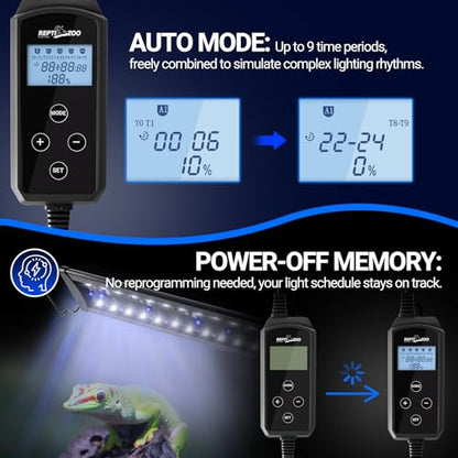 REPTIZOO UVB Reptile Light with Dimming, 18 inch UVA UVB LED Lamp for Bearded Dragon Turtle, 12W UVB Bulb Aluminum Fixture with Controller, 5 UVI Auto Mode, 0–100% Dimming & 9 Timer, Power-Off Memory - size: 18“