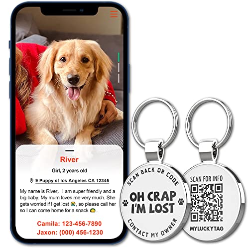 MYLUCKYTAG QR Code Pet ID | Personalized Dog & Cat Collar Tag | Online Profile with Instant Scanned Location Alert Email - style: OH C0ap I'm Lost