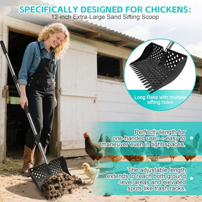 12" 2-in-1 Chicken Poop Scooper & Rake (US Patent No. D1124534), 3-Shape Sifting Holes Chicken Coop Rake, Stainless Steel Handle (20–61") - Litter Scoop Sand & Sifting Shovel (Black) - color: Black