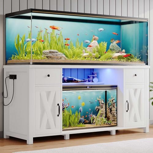 4ever2buy 55-75 Gallon Fish Tank Stand, Aquarium Stand with Storage, White | 52 x 20 In Top, Farmhouse Turtle Tank Stand, 2 Drawers & 2 Barn Doors, LED Light, Power Outlets, Shelf Storage, Heavy Duty - color: White