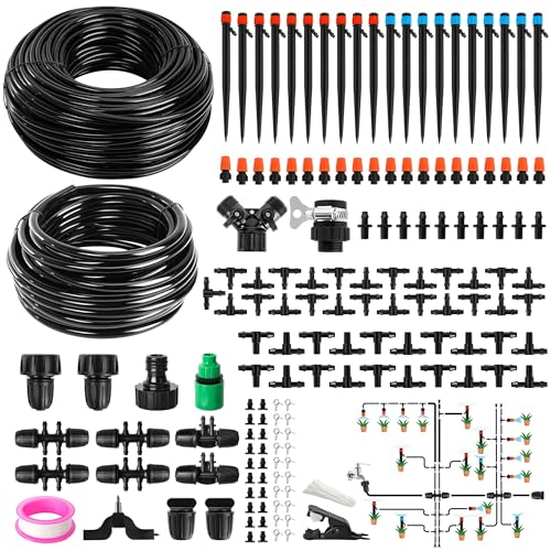 240FT DIY Automatic Drip Irrigation System Kit for Garden | Plant Watering for Greenhouse Patio Lawn, Adjustable Emitters, 5/16" & 1/4" Tubing