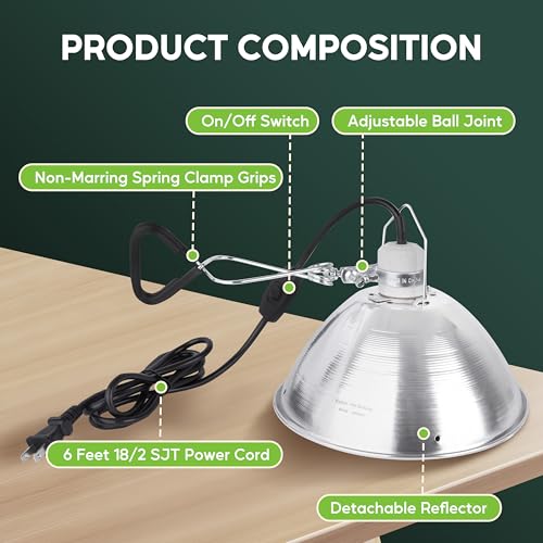 HealSmart 10.5" Clamp Light Socket and Bulb Guard, 250-Watt Maximum with 6 Feet 18/2 SPT-2 Cord, Aluminum Reflector E26 (no Bulb Included), for Reptiles and Plants Growing, (Pack of 1) - size: 10.5 Inch (250 Watts), style: 1-Pack