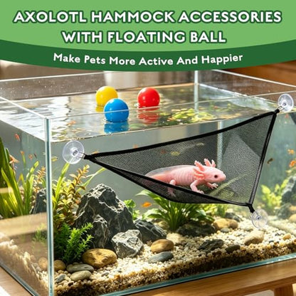 3 in 1 Axolotl Habitat Enrichment Set, Resting Feeding Holder | Mesh Hammock, Clear Platform with Suction Cup, Ceramic Dish, Floating Toy Balls, Axolotl Tank Decor Accessories