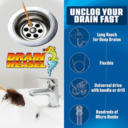 FlexiSnake Drain Weasel PowerSnake Drain Hair Clog Remover Tool, 3 Wands | 36" Long Refills, Plumbing Snake Auger for Cleaning Shower, Tub, Bathroom with Drill Connector, Rotating Handle, Made in USA