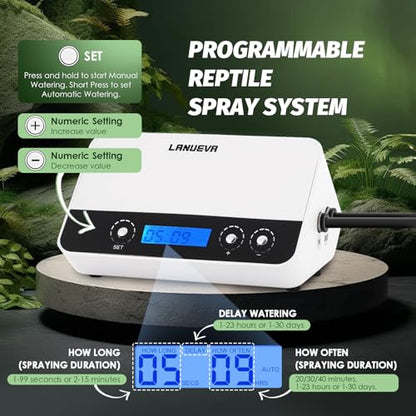 LANUEVA Timing Reptile Smart Mister for Tank with Nozzles 360°Adjustable | Reptile Misting System with 3 Single Nozzles & Double Nozzle 360°Adjustable, for Lizard, Chameleon, Plants, Terrarium