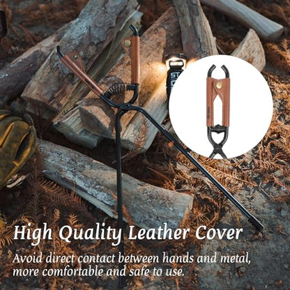 OMUKY Fireplace Tongs Log Claw Tongs with Faux Leather Handle Cover Log Grabber Clamp Tool for Indoor & Outdoor Camping Campfire Fireplace Fire Pit(Black)
