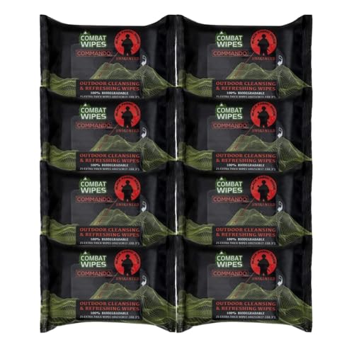 COMBAT WIPES Commando Black camping wipes – biodegradable wipes & full body wipes for Military, Hunting & body wipes travel – Unscented, (8 Pack, 200 wipes) - style: 200 Count (Pack of 8)