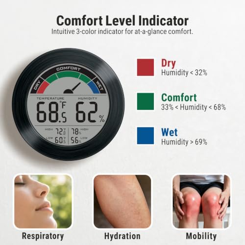 Digital Hygrometer Indoor Thermometer Humidity Meter Room Temperature Humidity Monitor, Metal Frame with Brushed Stainless Finish, DM9442 (Black Stainless) - color: Black Stainless