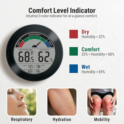 Digital Hygrometer Indoor Thermometer Humidity Meter Room Temperature Humidity Monitor, Metal Frame with Brushed Stainless Finish, DM9442 (Black Stainless) - color: Black Stainless
