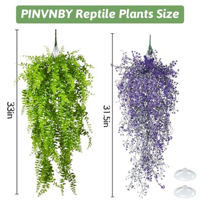 PINVNBY 2 Pack Reptile Plants Terrarium Hanging Fake Vines with Suction Cup Artificial Leaves for Bearded Dragons Lizards Geckos Snake Hermit Crab (Purple and Green) - color: 2 Pcs ( Green and Purple )