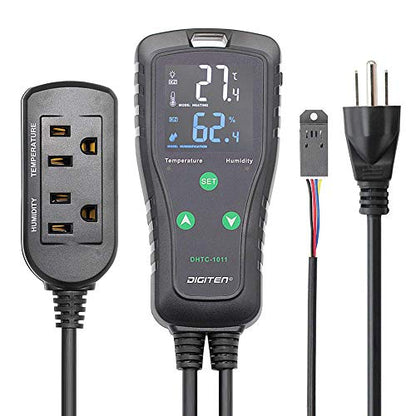 Temperature and Humidity ControllerPlug-in Thermostat Humidistat Reptile Greenhouse,Dual Stage Pre-Wired Outlet 110V 10A