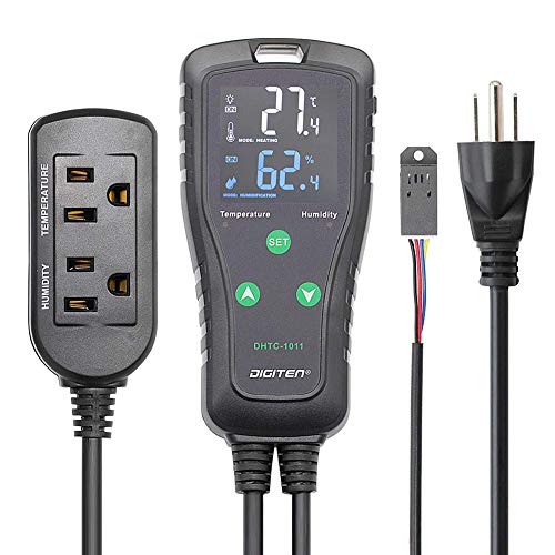 Temperature and Humidity ControllerPlug-in Thermostat Humidistat Reptile Greenhouse,Dual Stage Pre-Wired Outlet 110V 10A