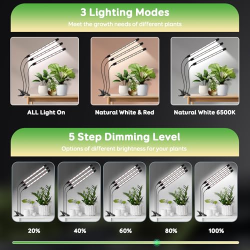 SDOVUERC Tri-Head Clip Grow Light for Indoor Plants, Full Spectrum with 6/12/18H Timer, 5 Dimmable Levels, 3 Spectrum Modes & 360° Gooseneck for Seedlings, Houseplants, Succulents - size: 3 Heads