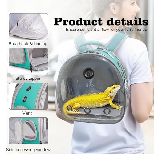 Back Extention Bearded Dragon Travel Backpack Carrier with Reptile Thermometer and Humidity Gauge Lizard Travel Cage Space Capsule Clear Bubble Window Astronaut Reptile Carrier Bag for Ball Python - color: Green