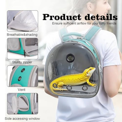 Back Extention Bearded Dragon Travel Backpack Carrier with Reptile Thermometer and Humidity Gauge Lizard Travel Cage Space Capsule Clear Bubble Window Astronaut Reptile Carrier Bag for Ball Python - color: Green
