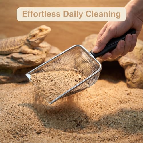 Chedin Stainless Steel Mesh Litter Scoop,Fine Mesh Metal Cat Litter Scooper with Non-Slip Handle,Reptile Sand Sifter for Cat Litter Box & Reptile Terrarium Waste