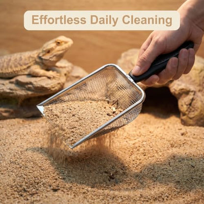 Chedin Stainless Steel Mesh Litter Scoop,Fine Mesh Metal Cat Litter Scooper with Non-Slip Handle,Reptile Sand Sifter for Cat Litter Box & Reptile Terrarium Waste