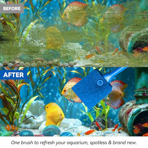 Promising Aquarium Cleaning Brush, Double Sided Sponge Fish Tank Scrubber | Non-Slip Handle Algae Cleaner Tool with 3 Replacement Pads for Aquariums and Fish Tanks, Easy Aquarium Maintenance