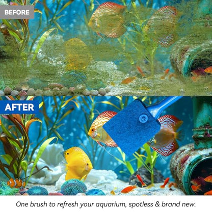 Promising Aquarium Cleaning Brush, Double Sided Sponge Fish Tank Scrubber | Non-Slip Handle Algae Cleaner Tool with 3 Replacement Pads for Aquariums and Fish Tanks, Easy Aquarium Maintenance