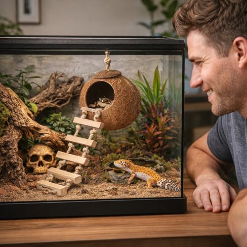 HERCOCCI Gecko Tank Accessories, Hermit Crab Toys Coconut Shell | Natural Coconut Husk Hut with Climbing Ladder with Suction Cup for Leopard Gecko Snake Reptiles