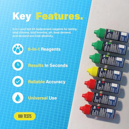 Lupo 6-in-1 Pool Test Kit Replacement Reagents | Pool Testing Kit Refill Reagents for Testing Total Chlorine, Total Bromine, pH, Base Demand, Acid Demand & Total Alkalinity | Refill Reagents ONLY - size: 6-in-1 Refill Reagents